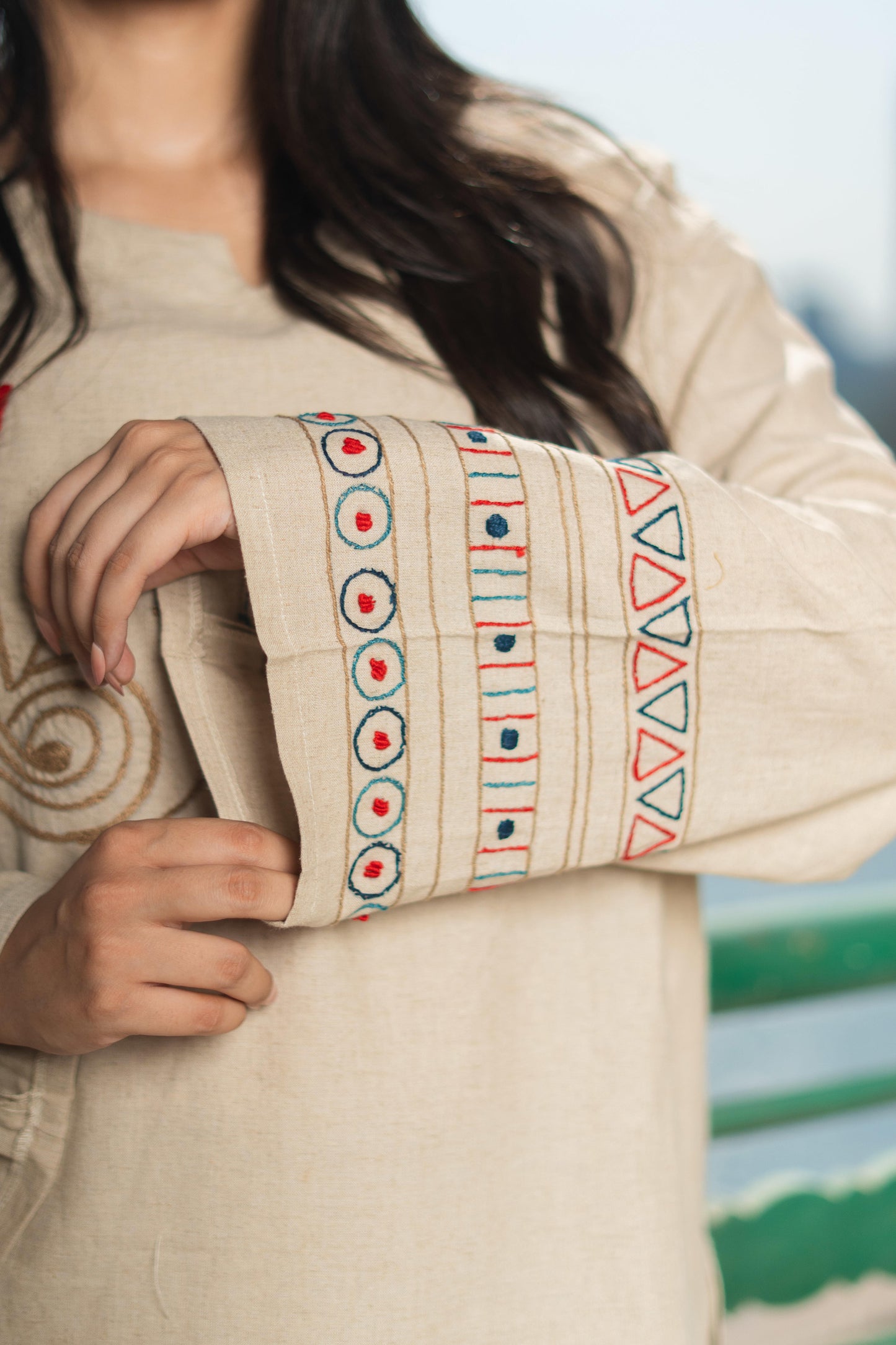Beige Linen Blouse– Egyptian Bird & Lotus Embroidery