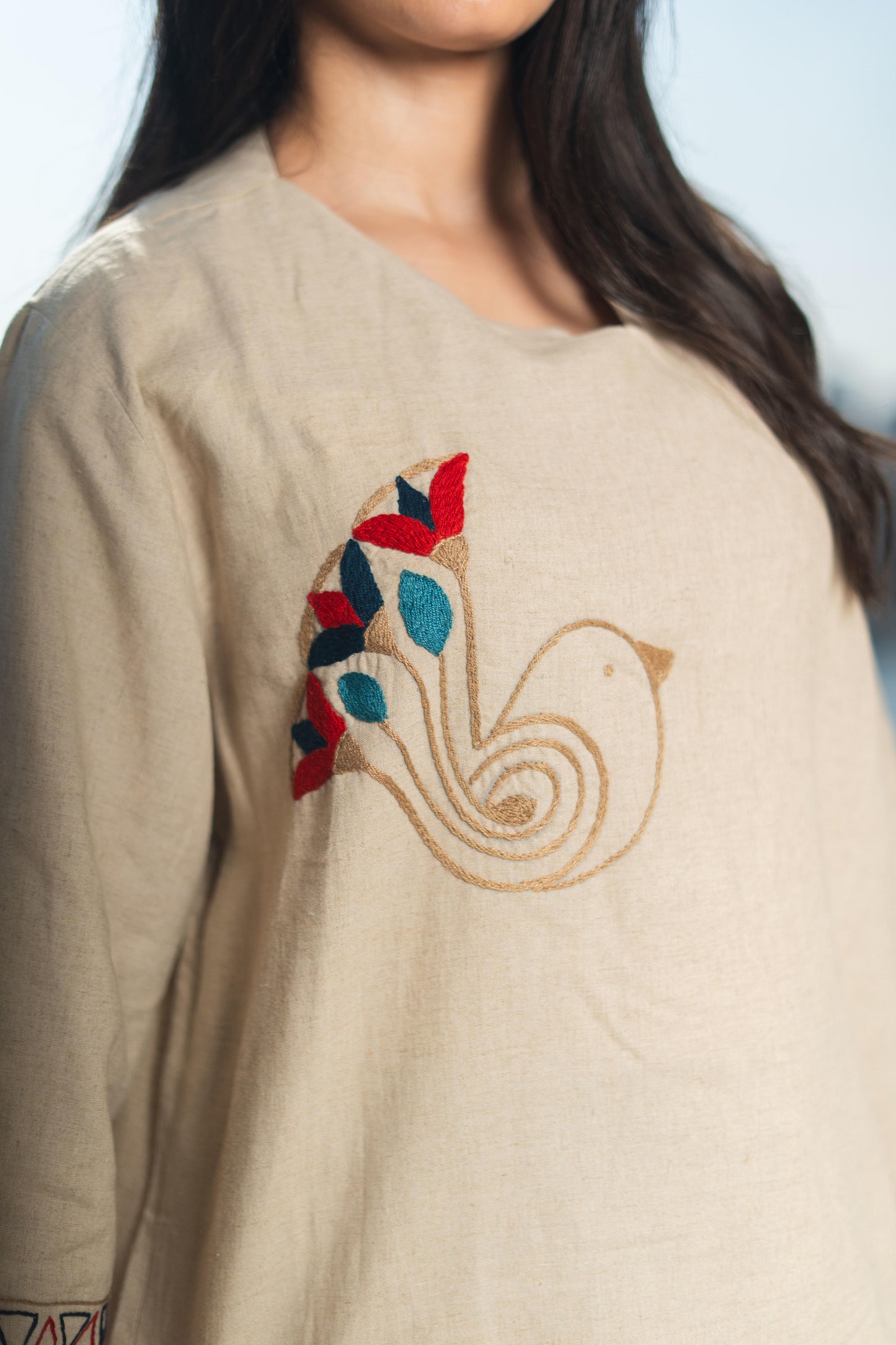 Beige Linen Blouse– Egyptian Bird & Lotus Embroidery