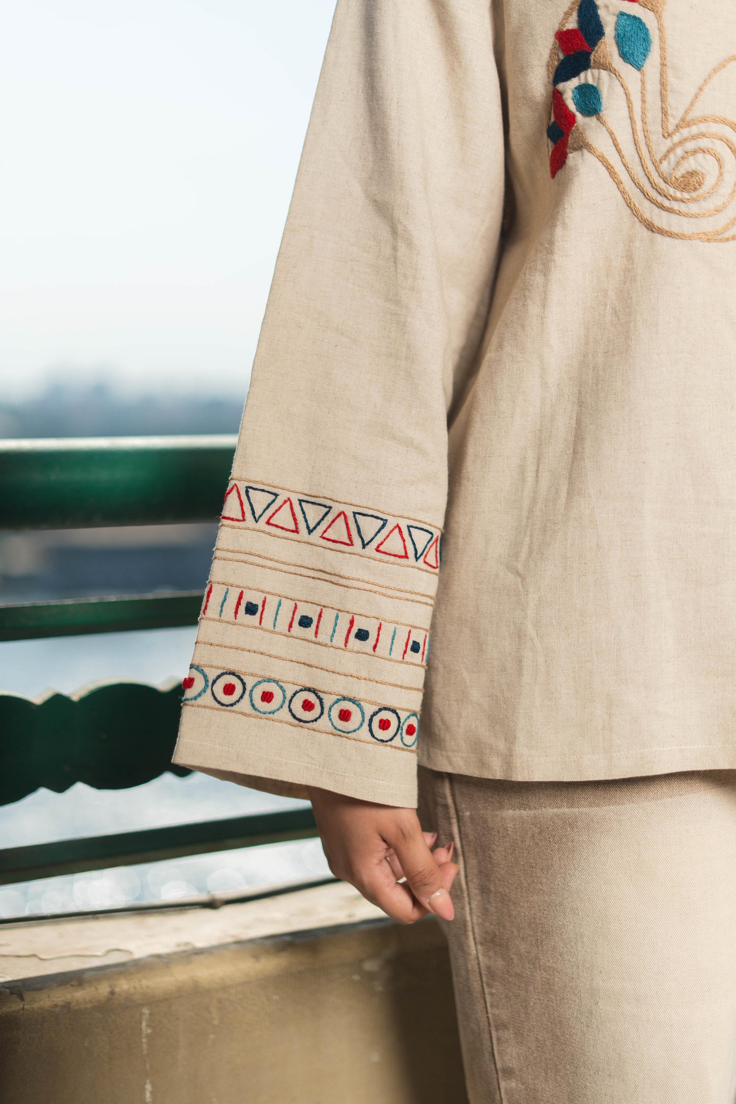 Beige Linen Blouse– Egyptian Bird & Lotus Embroidery