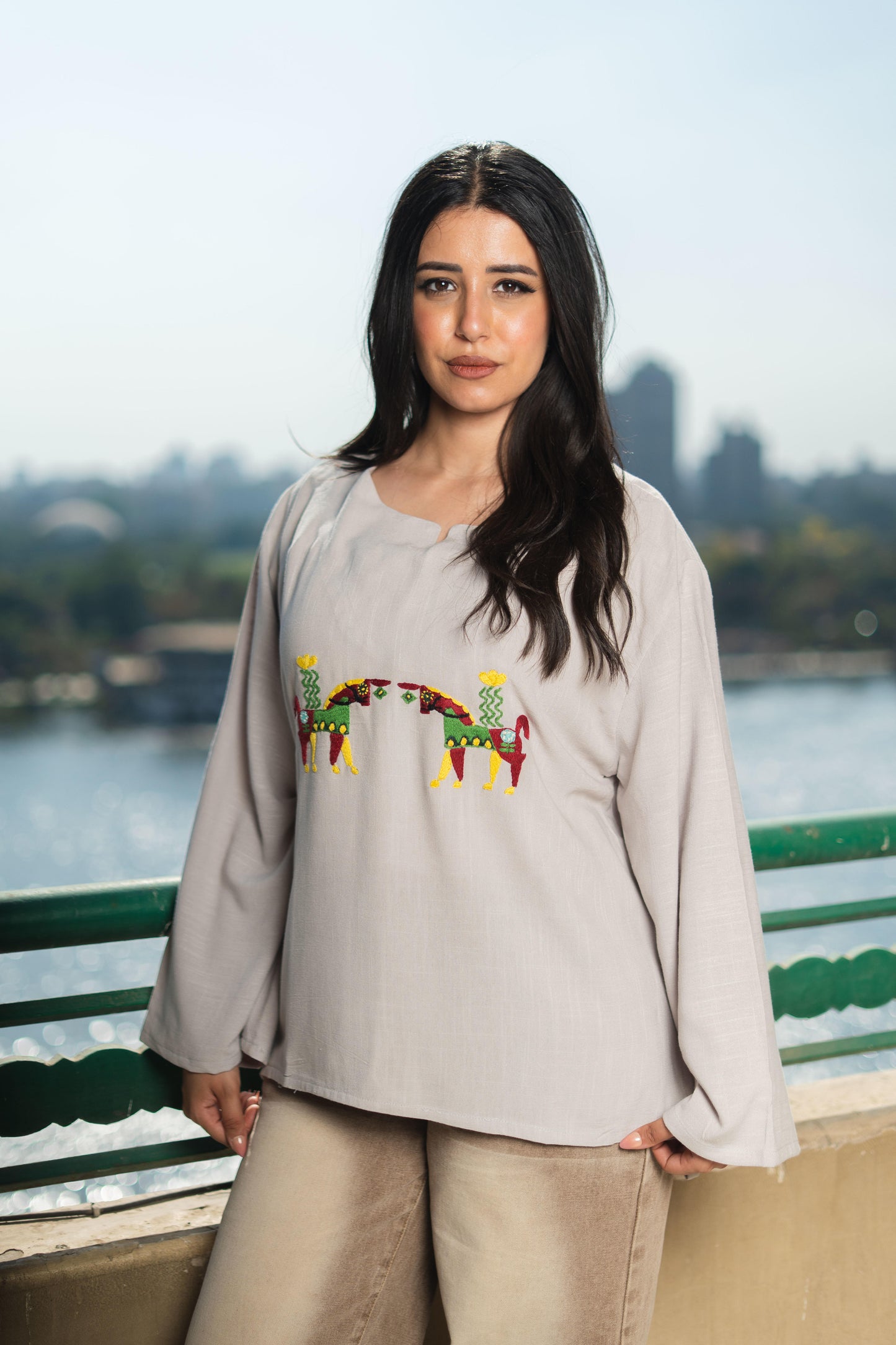 Beige Linen Blouse with Horse Embroidery