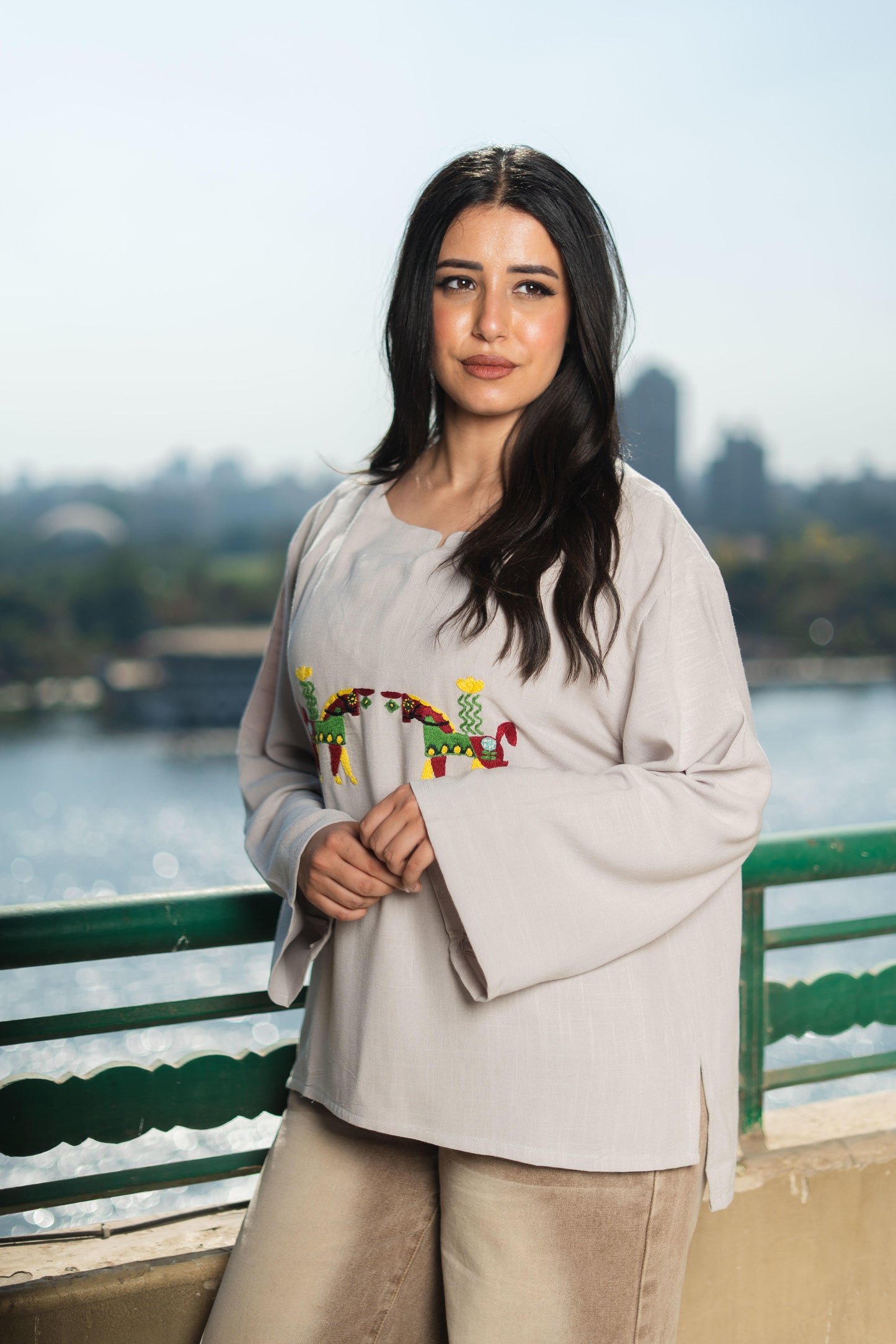 Beige Linen Blouse with Horse Embroidery